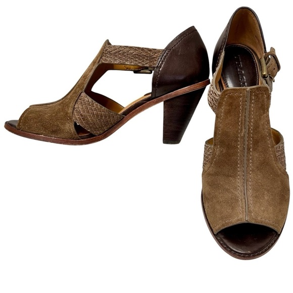 Trask Brown Suede and Leather Peep Toe Heeled Sandals Size 7M - Picture 1 of 11